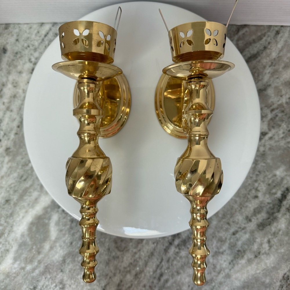 Vintage 2 Brass Candle Sconces Shiny Brass 9.5" Tall Candlesticks
